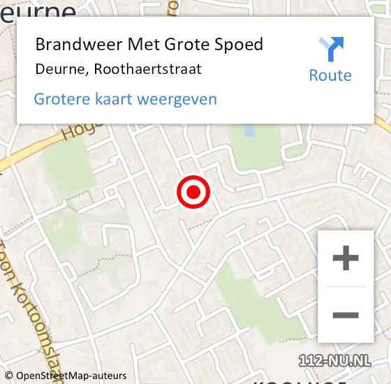 Locatie op kaart van de 112 melding: Brandweer Met Grote Spoed Naar Deurne, Roothaertstraat op 2 september 2023 09:12