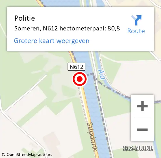Locatie op kaart van de 112 melding: Politie Someren, N612 hectometerpaal: 80,8 op 2 september 2023 09:52