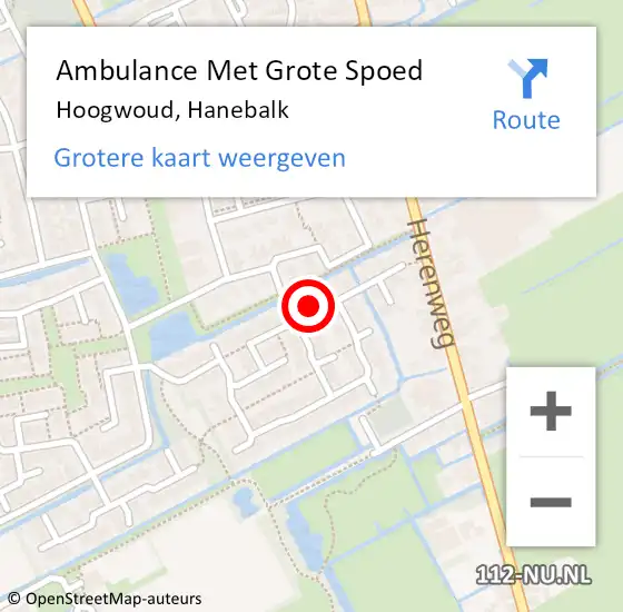 Locatie op kaart van de 112 melding: Ambulance Met Grote Spoed Naar Hoogwoud, Hanebalk op 2 september 2023 10:44