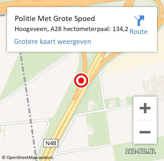 Locatie op kaart van de 112 melding: Politie Met Grote Spoed Naar Hoogeveen, A28 hectometerpaal: 134,2 op 2 september 2023 11:24