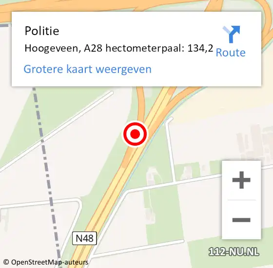 Locatie op kaart van de 112 melding: Politie Hoogeveen, A28 hectometerpaal: 134,2 op 2 september 2023 11:30