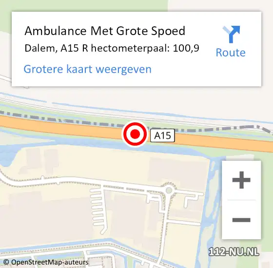 Locatie op kaart van de 112 melding: Ambulance Met Grote Spoed Naar Dalem, A15 R hectometerpaal: 100,9 op 6 september 2014 16:43