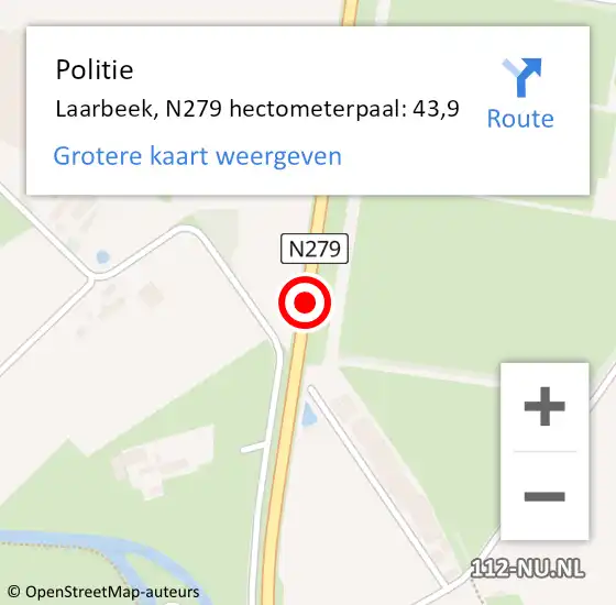 Locatie op kaart van de 112 melding: Politie Laarbeek, N279 hectometerpaal: 43,9 op 2 september 2023 12:41