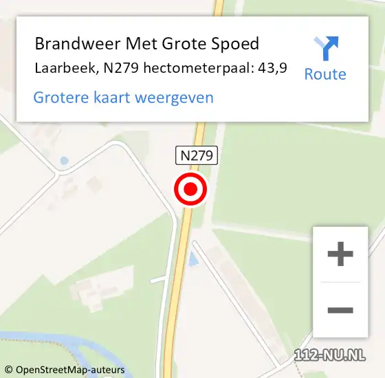 Locatie op kaart van de 112 melding: Brandweer Met Grote Spoed Naar Laarbeek, N279 hectometerpaal: 43,9 op 2 september 2023 12:43