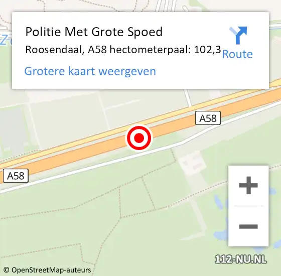 Locatie op kaart van de 112 melding: Politie Met Grote Spoed Naar Roosendaal, A58 hectometerpaal: 102,3 op 2 september 2023 12:58