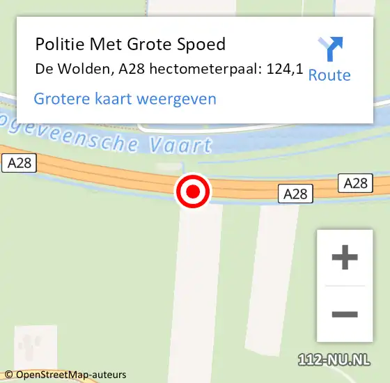 Locatie op kaart van de 112 melding: Politie Met Grote Spoed Naar De Wolden, A28 hectometerpaal: 124,1 op 2 september 2023 13:31