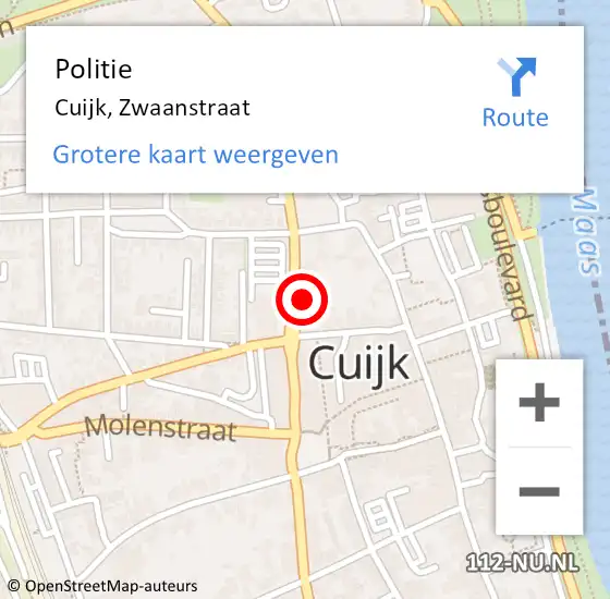 Locatie op kaart van de 112 melding: Politie Cuijk, Zwaanstraat op 2 september 2023 14:47