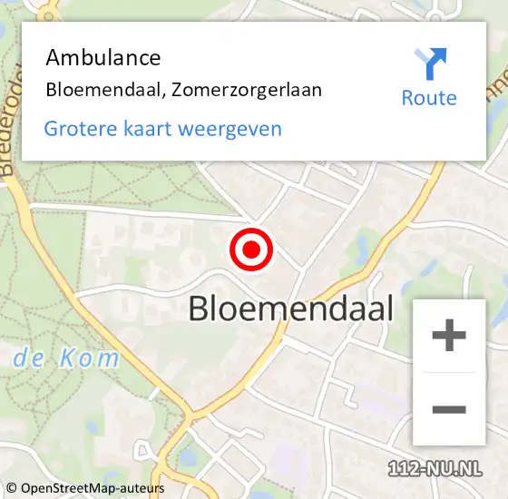 Locatie op kaart van de 112 melding: Ambulance Bloemendaal, Zomerzorgerlaan op 2 september 2023 15:07