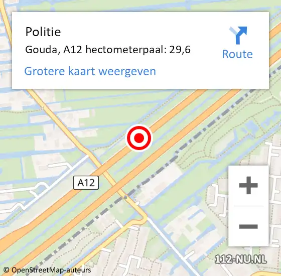 Locatie op kaart van de 112 melding: Politie Gouda, A12 hectometerpaal: 29,6 op 2 september 2023 15:10