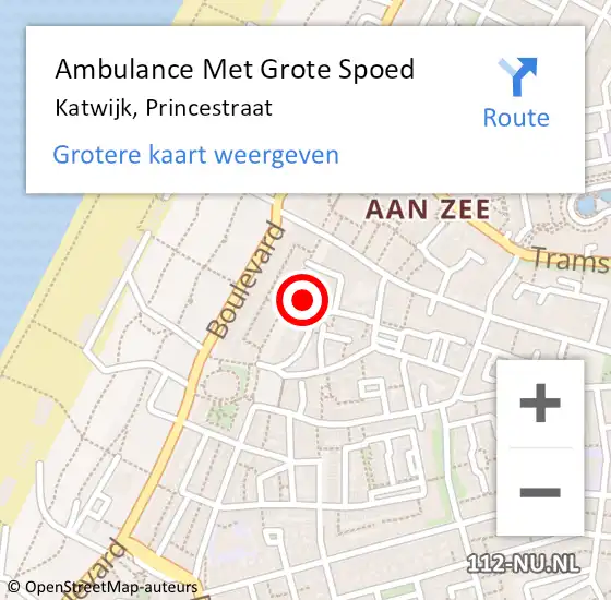 Locatie op kaart van de 112 melding: Ambulance Met Grote Spoed Naar Katwijk, Princestraat op 2 september 2023 16:54