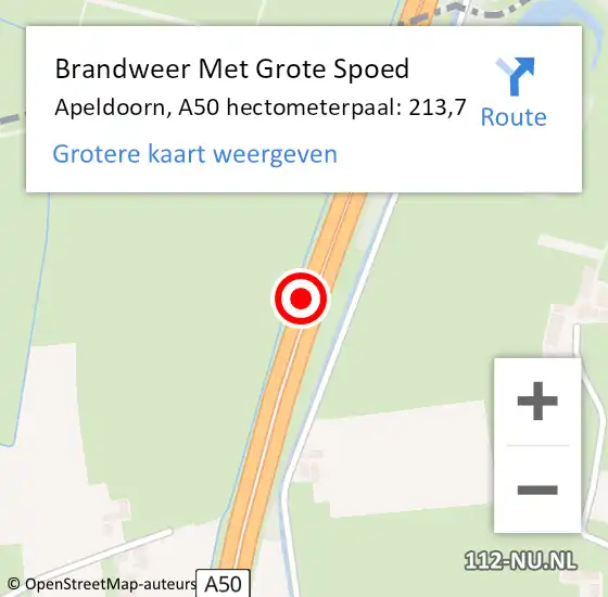 Locatie op kaart van de 112 melding: Brandweer Met Grote Spoed Naar Apeldoorn, A50 hectometerpaal: 213,7 op 2 september 2023 20:27