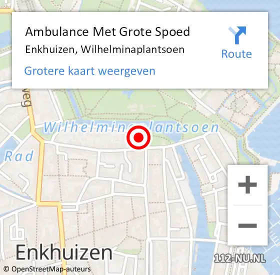 Locatie op kaart van de 112 melding: Ambulance Met Grote Spoed Naar Enkhuizen, Wilhelminaplantsoen op 2 september 2023 22:43