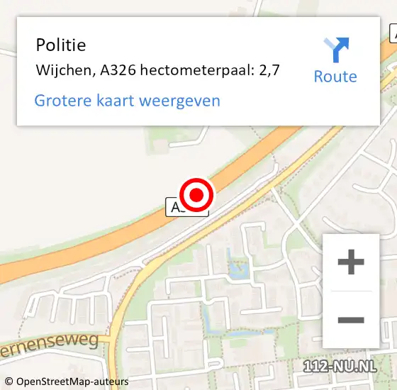 Locatie op kaart van de 112 melding: Politie Wijchen, A326 hectometerpaal: 2,7 op 2 september 2023 22:46