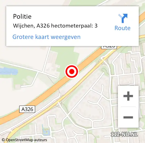 Locatie op kaart van de 112 melding: Politie Wijchen, A326 hectometerpaal: 3 op 2 september 2023 22:46