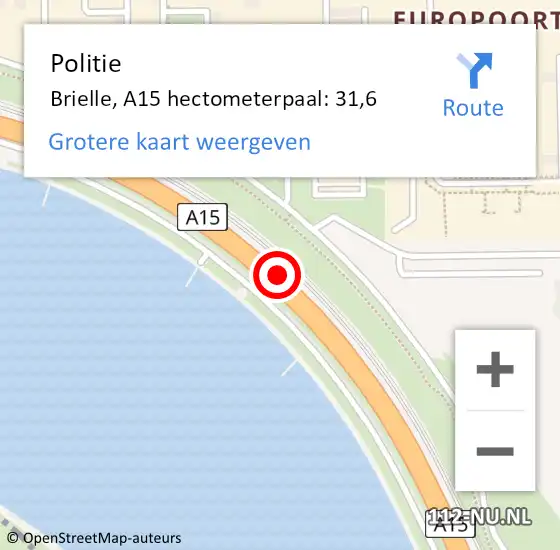 Locatie op kaart van de 112 melding: Politie Brielle, A15 hectometerpaal: 31,6 op 2 september 2023 22:57