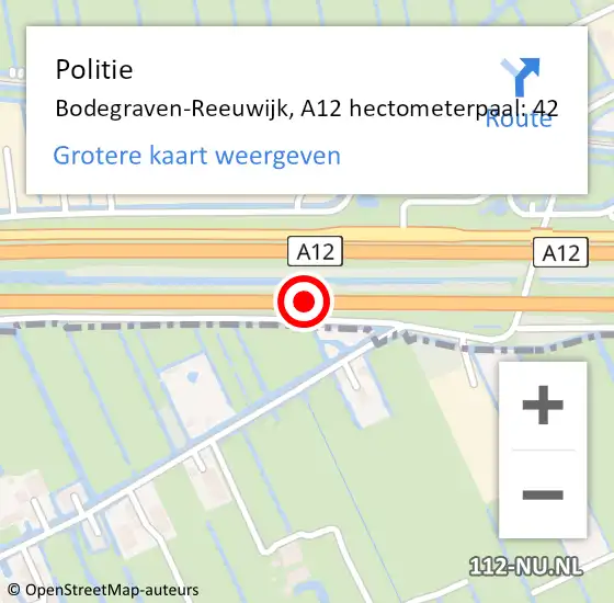 Locatie op kaart van de 112 melding: Politie Bodegraven-Reeuwijk, A12 hectometerpaal: 42 op 3 september 2023 06:45