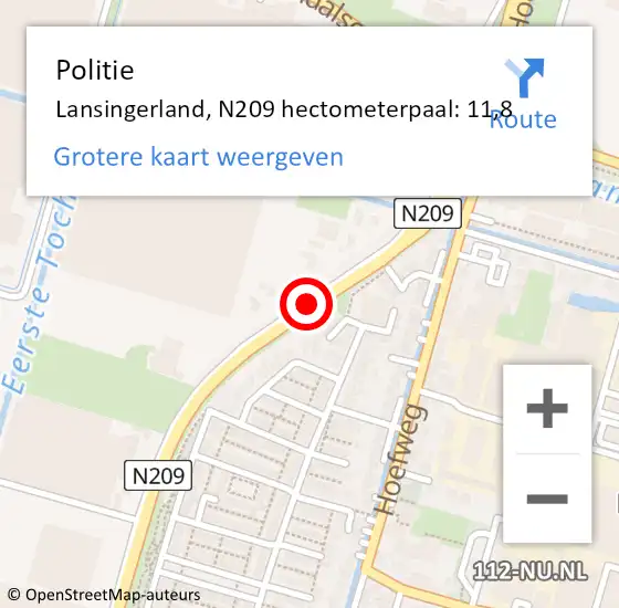 Locatie op kaart van de 112 melding: Politie Lansingerland, N209 hectometerpaal: 11,8 op 3 september 2023 09:00