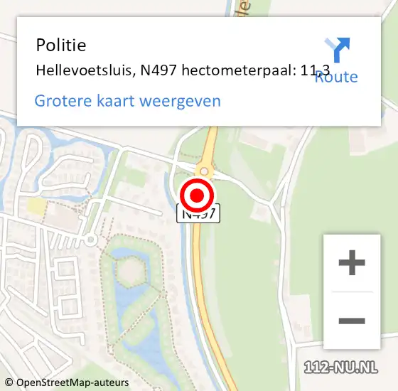 Locatie op kaart van de 112 melding: Politie Hellevoetsluis, N497 hectometerpaal: 11,3 op 3 september 2023 09:52