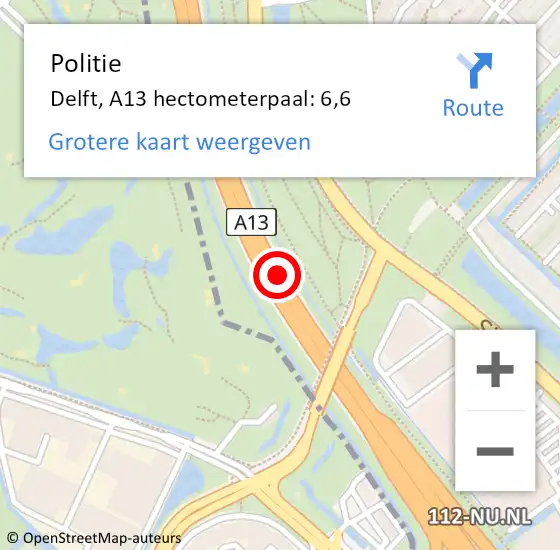 Locatie op kaart van de 112 melding: Politie Delft, A13 hectometerpaal: 6,6 op 3 september 2023 13:40