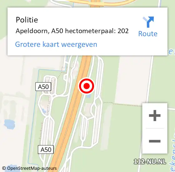 Locatie op kaart van de 112 melding: Politie Apeldoorn, A50 hectometerpaal: 202 op 3 september 2023 14:11