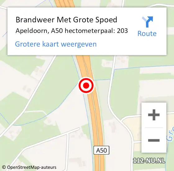 Locatie op kaart van de 112 melding: Brandweer Met Grote Spoed Naar Apeldoorn, A50 hectometerpaal: 203 op 3 september 2023 14:15