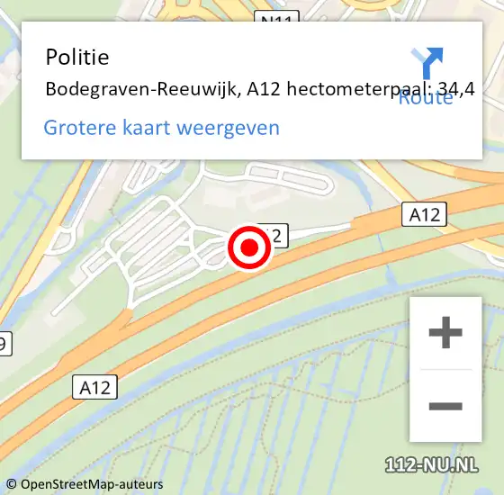 Locatie op kaart van de 112 melding: Politie Bodegraven-Reeuwijk, A12 hectometerpaal: 34,4 op 3 september 2023 15:26