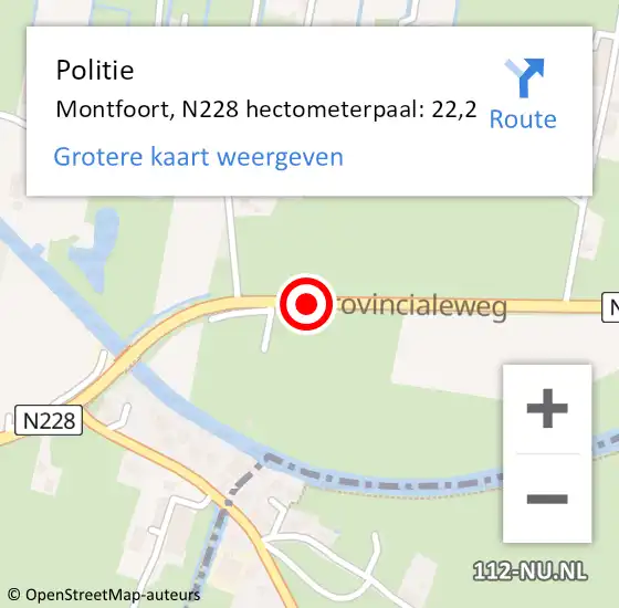 Locatie op kaart van de 112 melding: Politie Montfoort, N228 hectometerpaal: 22,2 op 3 september 2023 16:27