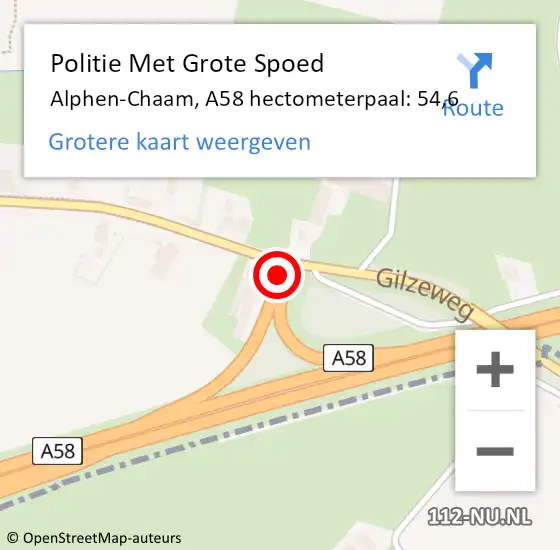 Locatie op kaart van de 112 melding: Politie Met Grote Spoed Naar Alphen-Chaam, A58 hectometerpaal: 54,6 op 3 september 2023 16:45