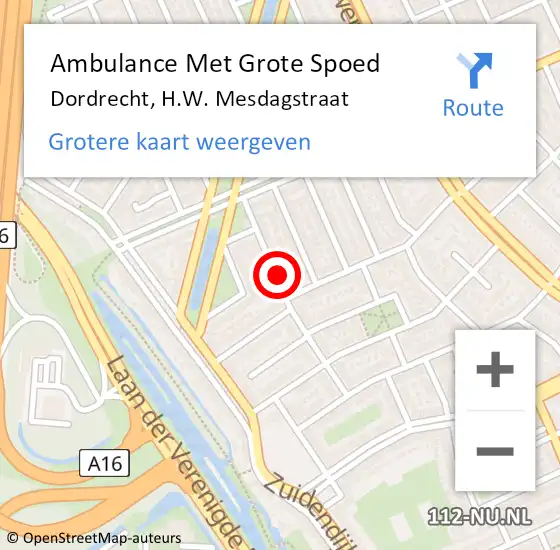 Locatie op kaart van de 112 melding: Ambulance Met Grote Spoed Naar Dordrecht, H.W. Mesdagstraat op 3 september 2023 17:54