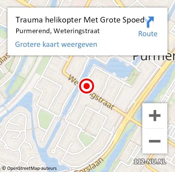 Locatie op kaart van de 112 melding: Trauma helikopter Met Grote Spoed Naar Purmerend, Weteringstraat op 3 september 2023 20:08