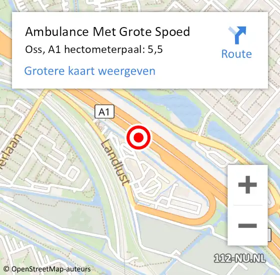 Locatie op kaart van de 112 melding: Ambulance Met Grote Spoed Naar Oss, A1 hectometerpaal: 5,5 op 3 september 2023 22:09