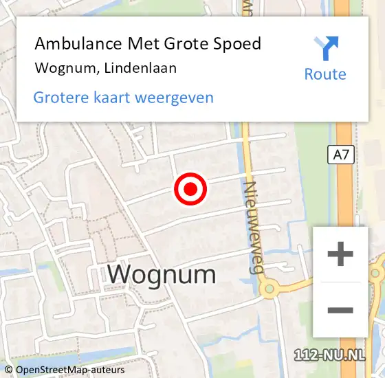 Locatie op kaart van de 112 melding: Ambulance Met Grote Spoed Naar Wognum, Lindenlaan op 3 september 2023 22:40