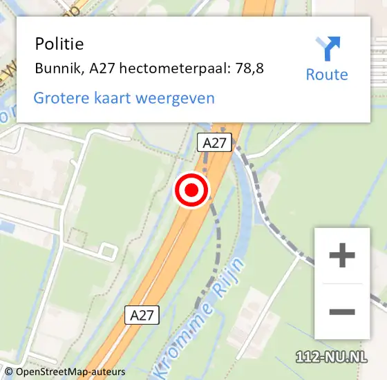 Locatie op kaart van de 112 melding: Politie Bunnik, A27 hectometerpaal: 78,8 op 4 september 2023 01:32