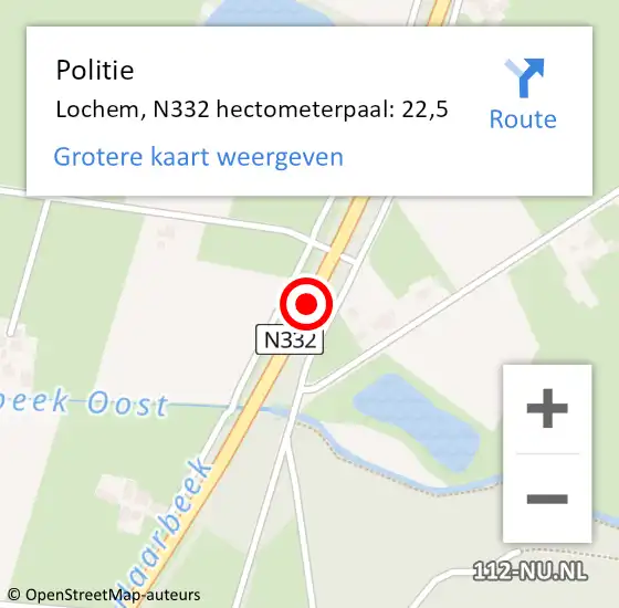 Locatie op kaart van de 112 melding: Politie Lochem, N332 hectometerpaal: 22,5 op 4 september 2023 05:26