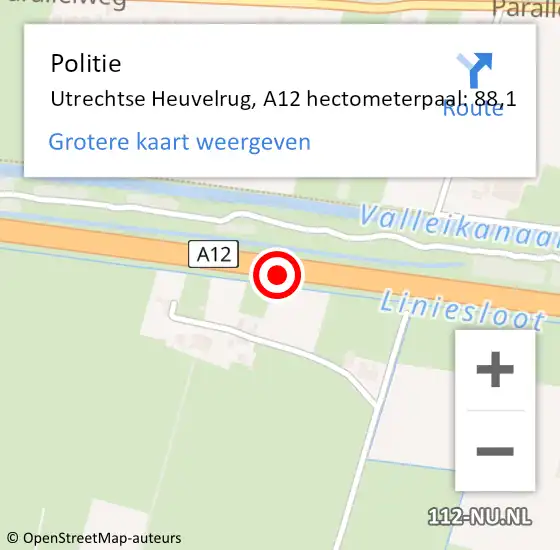 Locatie op kaart van de 112 melding: Politie Utrechtse Heuvelrug, A12 hectometerpaal: 88,1 op 4 september 2023 07:17