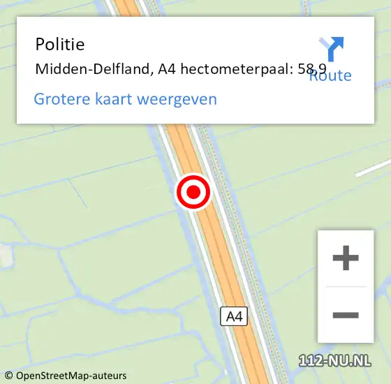 Locatie op kaart van de 112 melding: Politie Midden-Delfland, A4 hectometerpaal: 58,9 op 4 september 2023 07:18