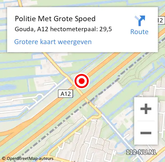 Locatie op kaart van de 112 melding: Politie Met Grote Spoed Naar Gouda, A12 hectometerpaal: 29,5 op 4 september 2023 07:23