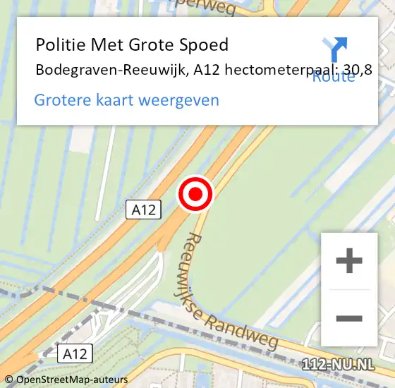 Locatie op kaart van de 112 melding: Politie Met Grote Spoed Naar Bodegraven-Reeuwijk, A12 hectometerpaal: 30,8 op 4 september 2023 07:26