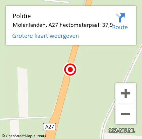 Locatie op kaart van de 112 melding: Politie Molenlanden, A27 hectometerpaal: 37,9 op 4 september 2023 08:38