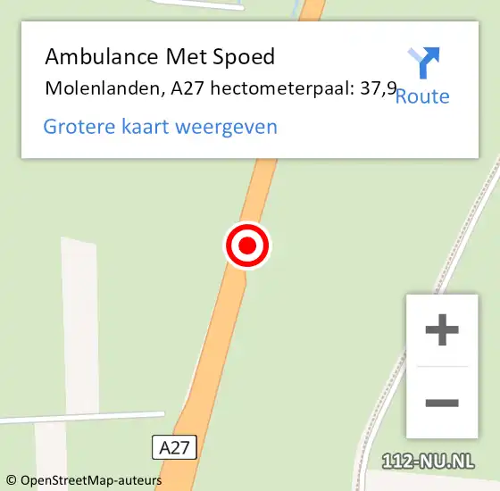 Locatie op kaart van de 112 melding: Ambulance Met Spoed Naar Molenlanden, A27 hectometerpaal: 37,9 op 4 september 2023 08:40