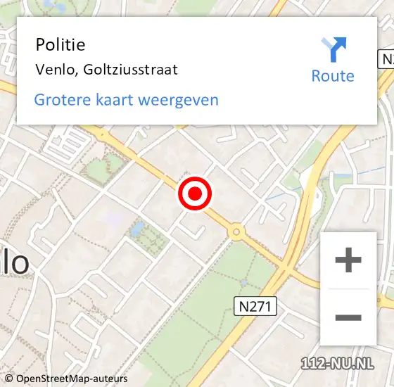 Locatie op kaart van de 112 melding: Politie Venlo, Goltziusstraat op 4 september 2023 08:42