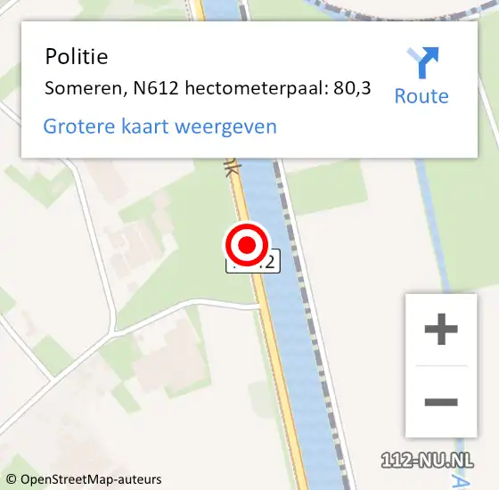 Locatie op kaart van de 112 melding: Politie Someren, N612 hectometerpaal: 80,3 op 4 september 2023 08:47