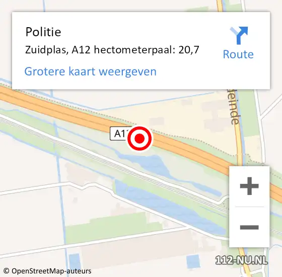 Locatie op kaart van de 112 melding: Politie Zuidplas, A12 hectometerpaal: 20,7 op 4 september 2023 09:09