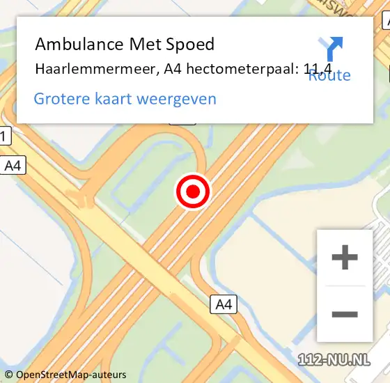 Locatie op kaart van de 112 melding: Ambulance Met Spoed Naar Haarlemmermeer, A4 hectometerpaal: 11,4 op 4 september 2023 10:44