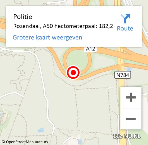 Locatie op kaart van de 112 melding: Politie Rozendaal, A50 hectometerpaal: 182,2 op 4 september 2023 12:09