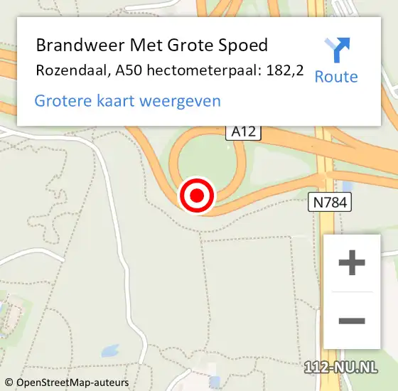 Locatie op kaart van de 112 melding: Brandweer Met Grote Spoed Naar Rozendaal, A50 hectometerpaal: 182,2 op 4 september 2023 12:11