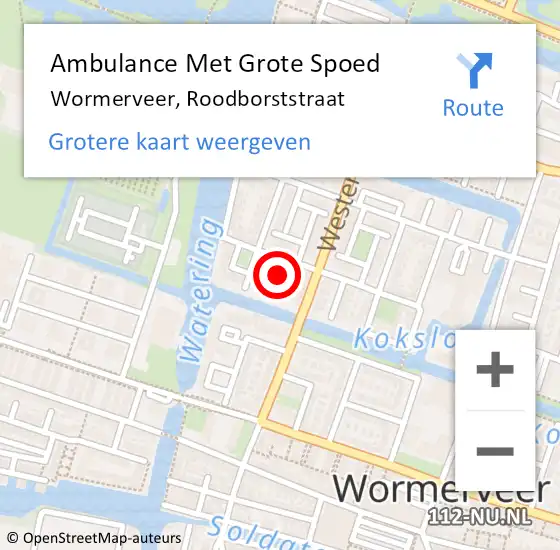 Locatie op kaart van de 112 melding: Ambulance Met Grote Spoed Naar Wormerveer, Roodborststraat op 4 september 2023 14:15