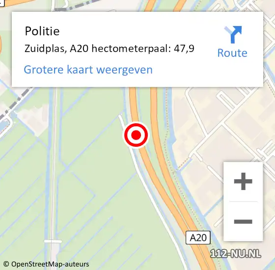 Locatie op kaart van de 112 melding: Politie Zuidplas, A20 hectometerpaal: 47,9 op 4 september 2023 14:15