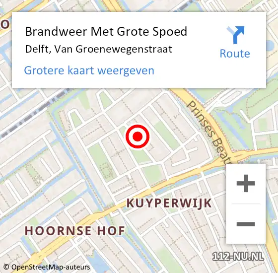 Locatie op kaart van de 112 melding: Brandweer Met Grote Spoed Naar Delft, Van Groenewegenstraat op 4 september 2023 15:14