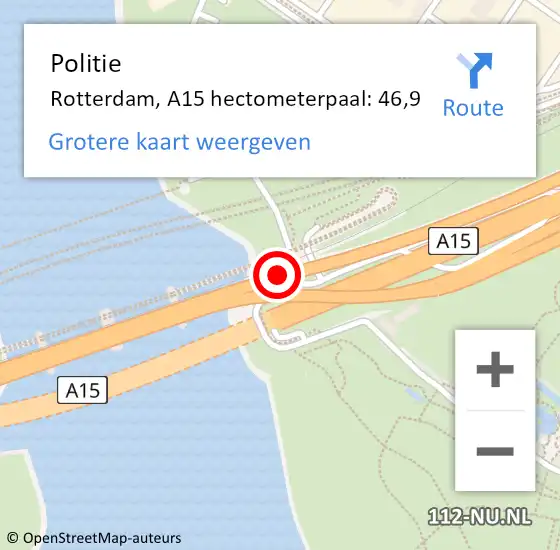 Locatie op kaart van de 112 melding: Politie Rotterdam, A15 hectometerpaal: 46,9 op 4 september 2023 17:25